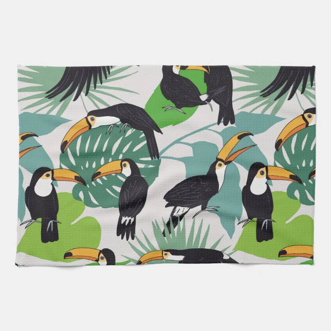 Toucan Bird: Handflatan Löv Mönster Kökshandduk (Horisontell)