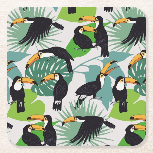 Toucan Bird: Handflatan Löv Mönster Underlägg Papper Kvadrat (Framsidan)