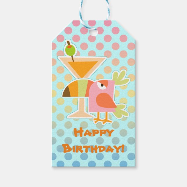 Toucan Bird Martini Polka Dot Birthday Presentetikett (Framsidan)
