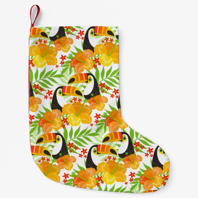 Toucan Bird Orange Flowers Green Leaves Tropical Liten Julstrumpa (Framsidan)