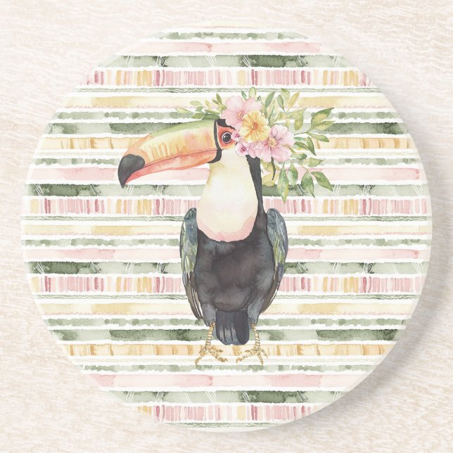 Toucan Bird Pink Green Stripes Underlägg (Framsidan)