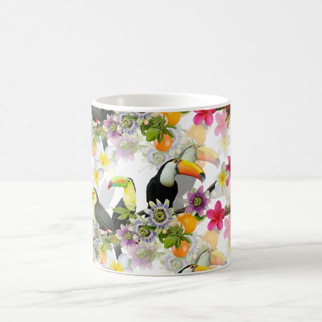 Toucan Birds, Passion Flowers, Plumeria Tropical C Kaffemugg (Center)