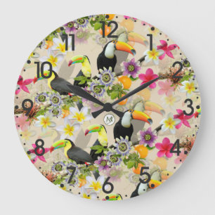 Toucan Birds, Passion Flowers, Plumeria Tropical L Stor Klocka