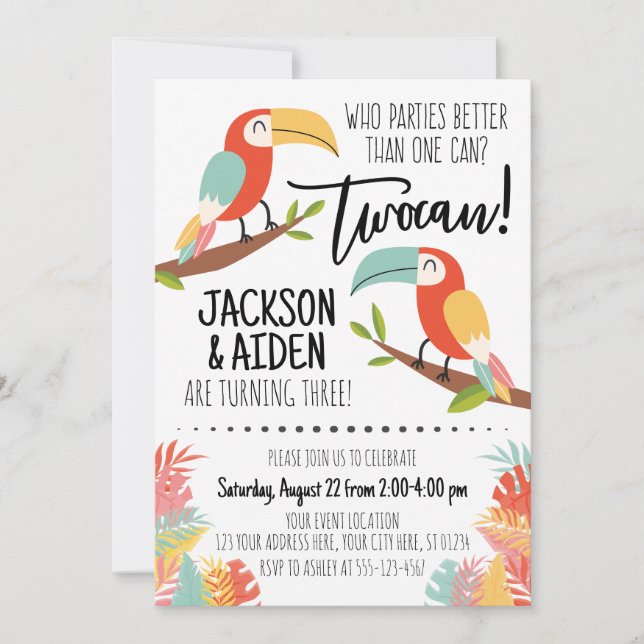 Toucan Birthday bjudande Brothers Boy Twocan Inbjudningar (Framsida)
