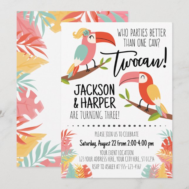 Toucan Birthday-inbjudan Syskon Brother Sister Inbjudningar (Fram/baksida)