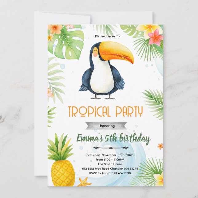 Toucan Birthday Party Invitation Inbjudningar (Framsida)