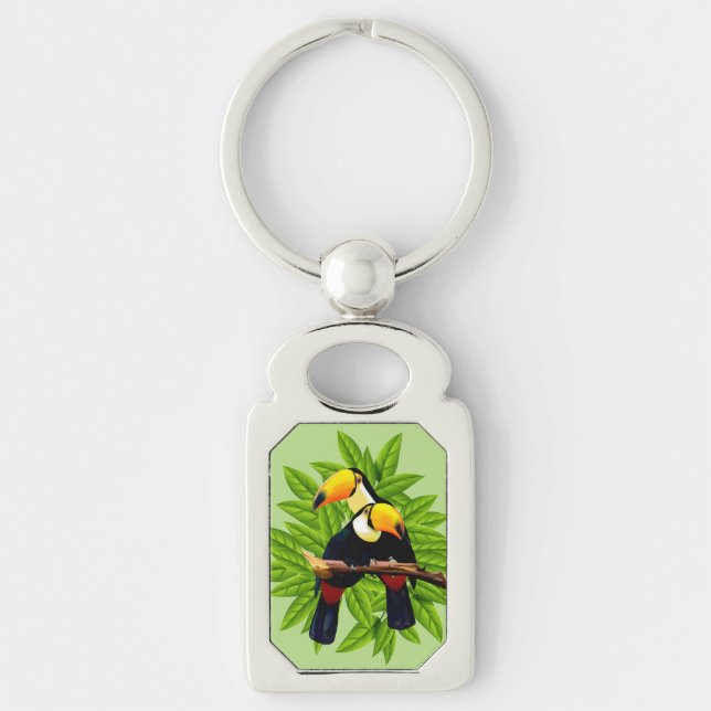 Toucan Duo Grön Rektangulärt Silverfärgad Nyckelring (Framsidan)