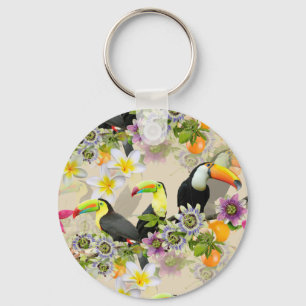 Toucan fåglar, passionblommor, tropisk Plumeria Nyckelring