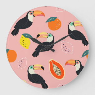 Toucan med Abstrakt Tropical Fruits Stor Klocka