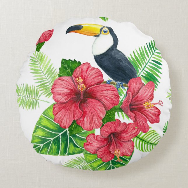 Toucan och tropiska bouquet rund kudde (Framsidan)