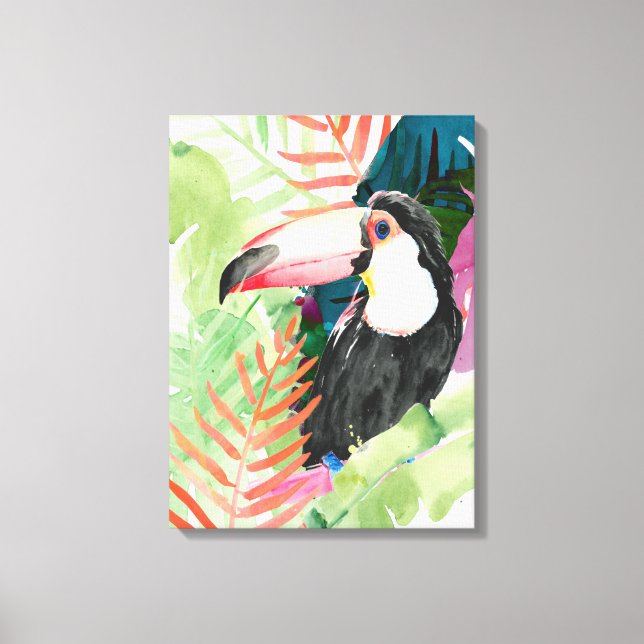 Toucan Porträtt med Tropical Löv Canvastryck (Framsida)