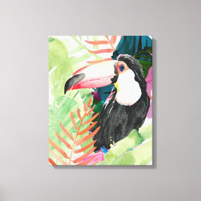 Toucan Porträtt med Tropical Löv Canvastryck (Framsida)