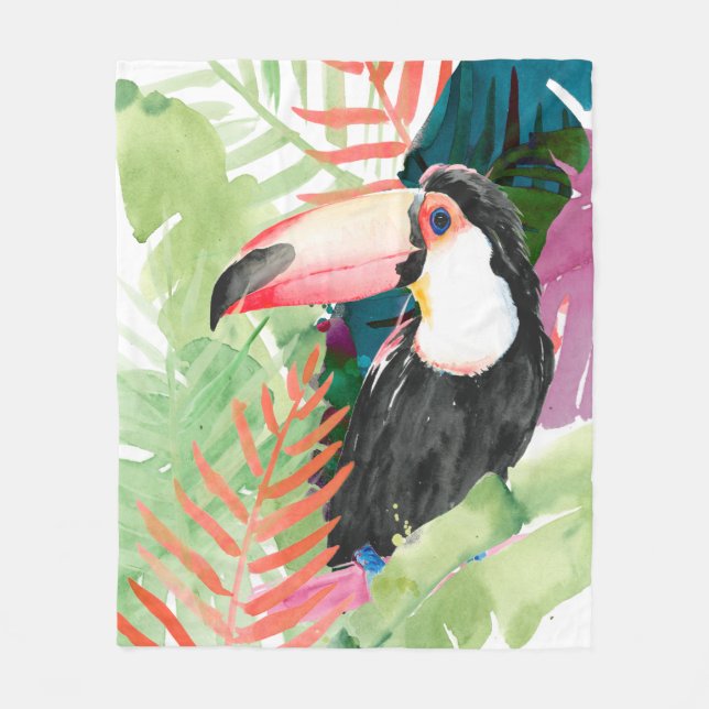 Toucan Porträtt med Tropical Löv Fleecefilt (Framsidan)
