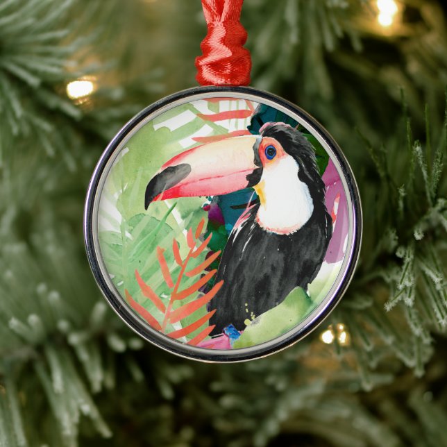 Toucan Porträtt med Tropical Löv Julgransprydnad Metall (Träd)