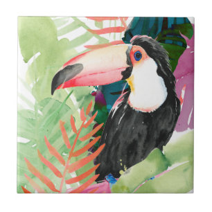 Toucan Porträtt med Tropical Löv Kakelplatta
