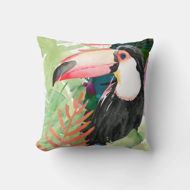 Toucan Porträtt med Tropical Löv Kudde (Framsida)