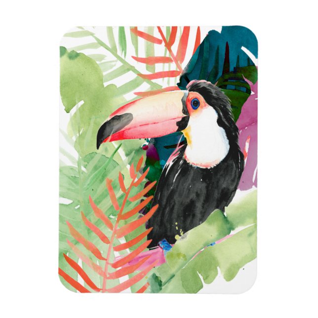 Toucan Porträtt med Tropical Löv Magnet (Vertikal)