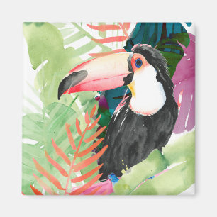 Toucan Porträtt med Tropical Löv Magnet