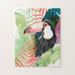Toucan Porträtt med Tropical Löv Pussel