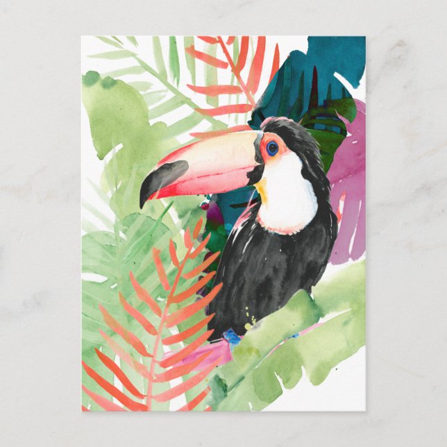 Toucan Porträtt med Tropical Löv Vykort (Framsida)