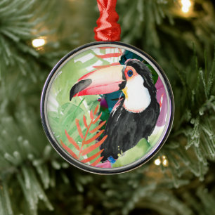 Toucan Porträtt med tropiska Löv Julgransprydnad Metall