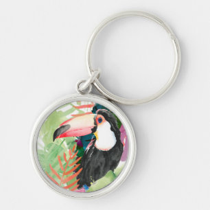 Toucan Porträtt med tropiska Löv Rund Silverfärgad Nyckelring