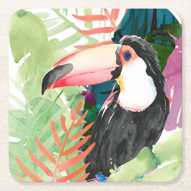 Toucan Porträtt med tropiska Löv Underlägg Papper Kvadrat (Framsidan)