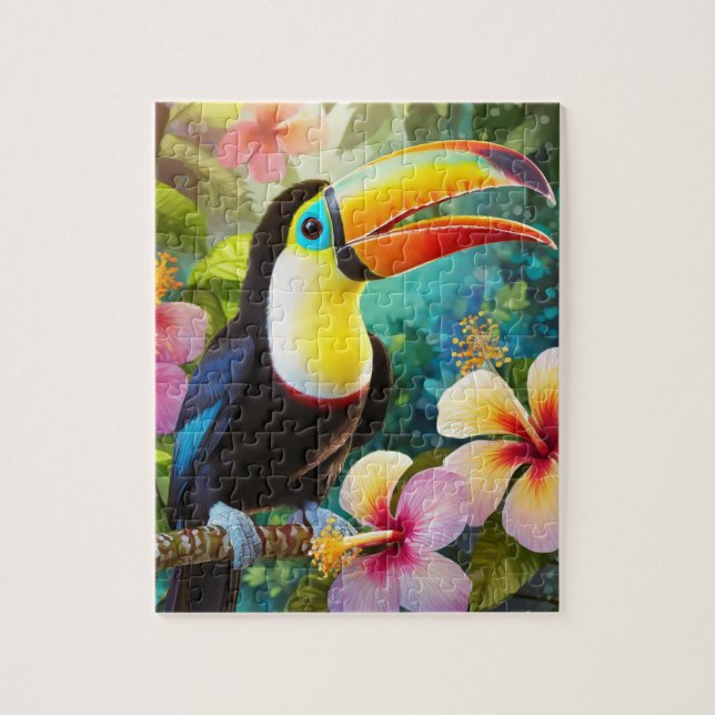 Toucan Tropical Bird and Hibiscus Flowers Pussel (Vertikal)