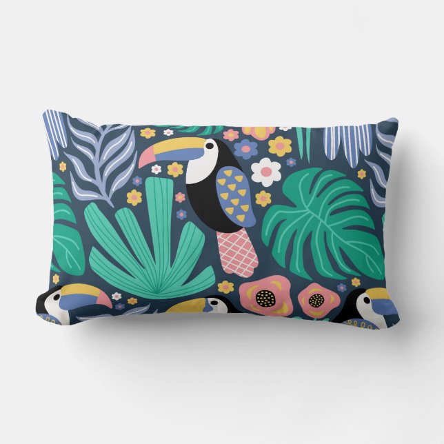 Toucan Tropical Bird Blommigt Lumbar Pillow Lumbarkudde (Framsida)