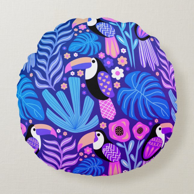 Toucan Tropical Bird Blommigt Round Pillow Rund Kudde (Framsidan)