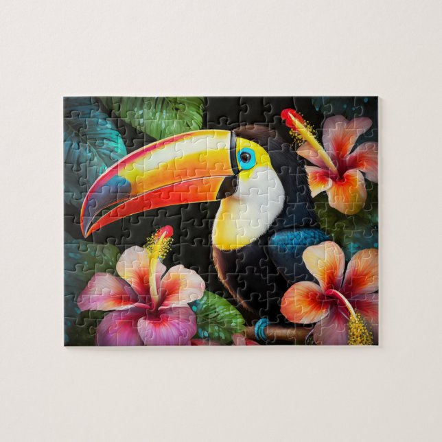 Toucan Tropical Bird med Hibiscus Flowers Pussel (Horisontell)