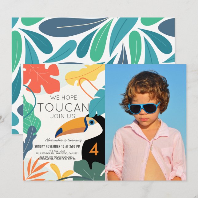 Toucan Tropical Löv Modern Birthday Photo Inbjudningar (Fram/baksida)