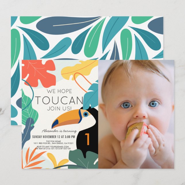 Toucan Tropical Löv Modern foto 1:a födelsedag Inbjudningar (Fram/baksida)