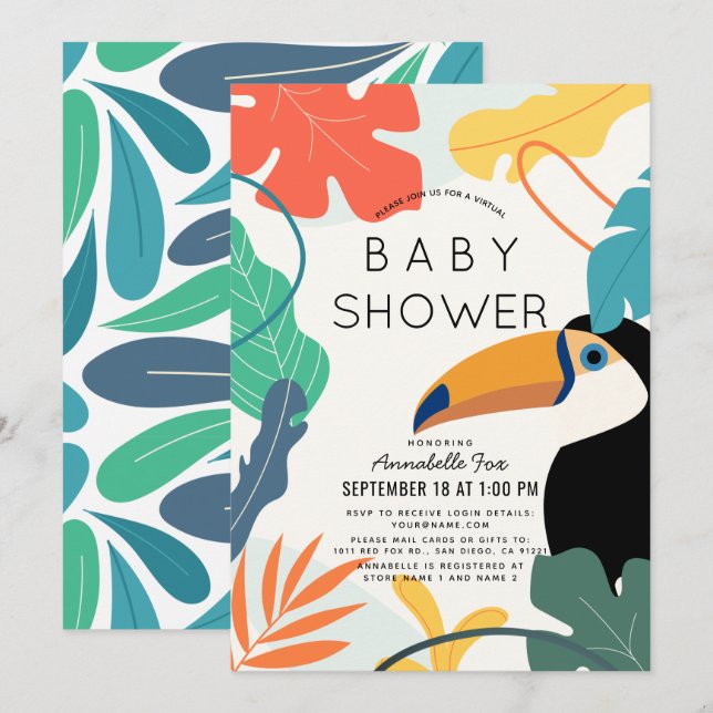 Toucan Tropical Löv Virtuell Baby Shower Inbjudningar (Fram/baksida)