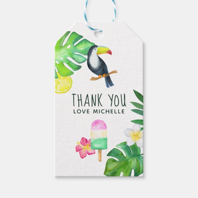 Toucan Tropical Watercolor Summer Party Presentetikett (Framsidan)