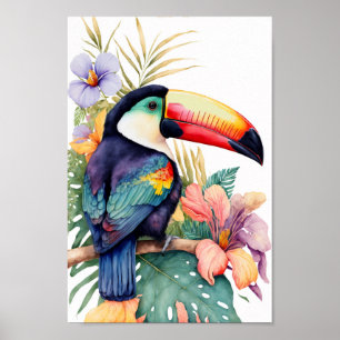 Toucan wall-grafik med tropiska blommor skriver ut poster