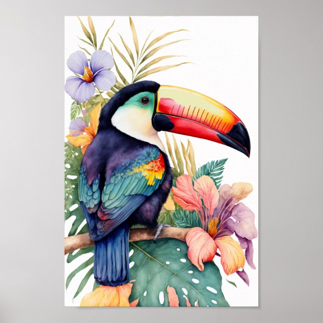 Toucan wall-grafik med tropiska blommor skriver ut poster (Framsidan)