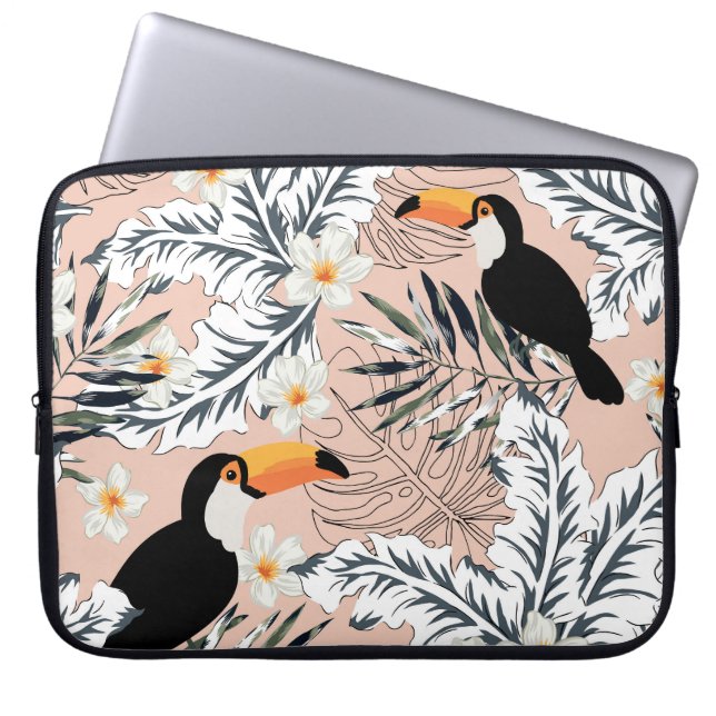 Toucans, Handflatan, Plumeria: Rosa Tropical. Laptop Fodral (Framsidan)