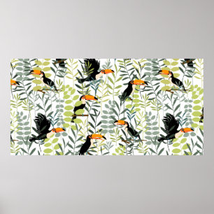 Toucans in grönt löv and grenar seamless patt poster