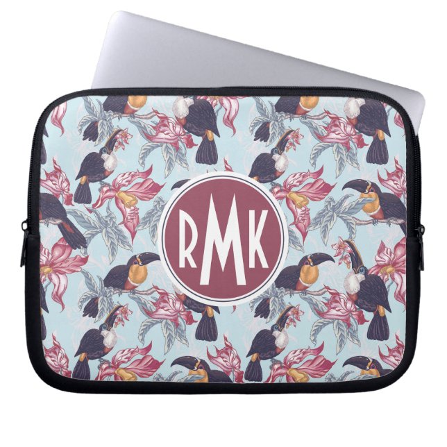 Toucans med den exotiska monogramen för blommor | laptop sleeve (Framsidan)