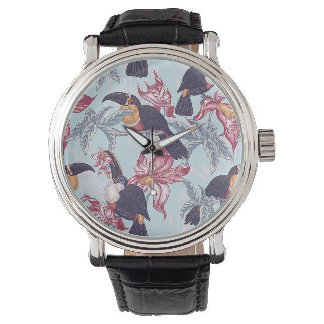 Toucans med exotiska blommor armbandsur (Framsida)