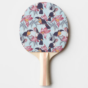 Toucans med exotiska blommor pingisracket