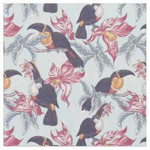 Toucans med exotiska blommor tyg