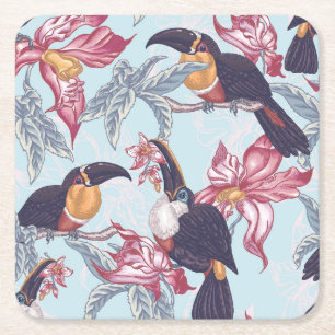 Toucans med exotiska blommor underlägg papper kvadrat