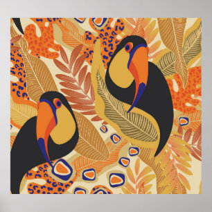 Toucans på grenar, sömlös tropiska mönster. poster