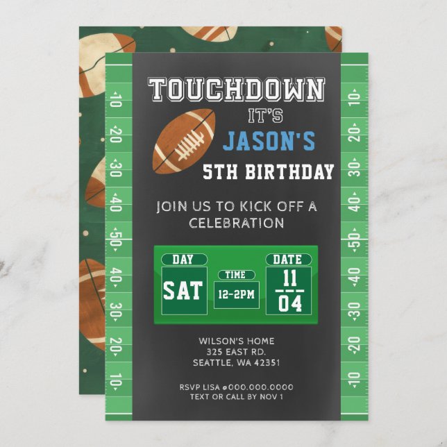 Touch Down Superbowl Boy Birthday Inbjudningar (Fram/baksida)
