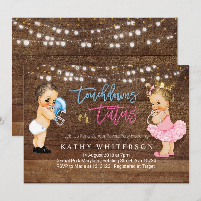 Touchdoweller Tutus gender avslöjar Inbjudan rusti (Fram/baksida)