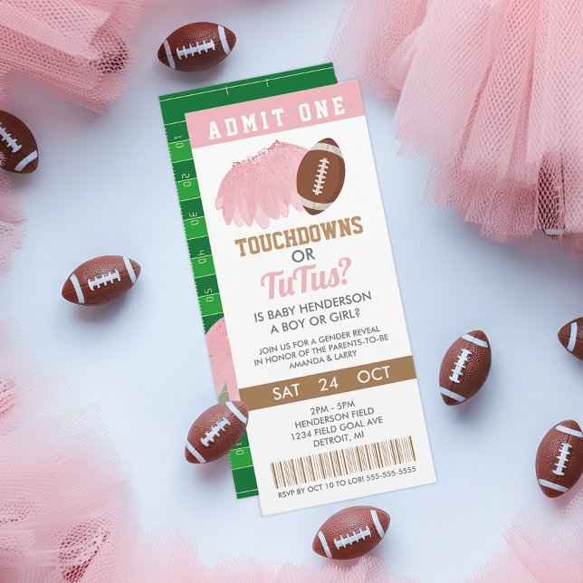 Touchdoweller Tutus Gender Reveal Biljett Inbjudningar (Touchdowns or Tutus Gender Reveal Ticket Invitation)