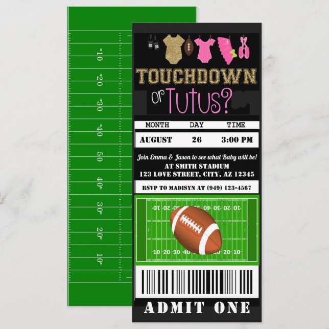 Touchdown eller Tutus Football Biljett Gender Reve Inbjudningar (Fram/baksida)