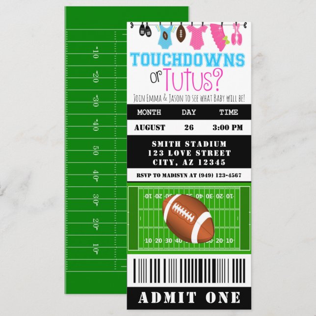 Touchdown eller Tutus Football Biljett Gender Reve Inbjudningar (Fram/baksida)